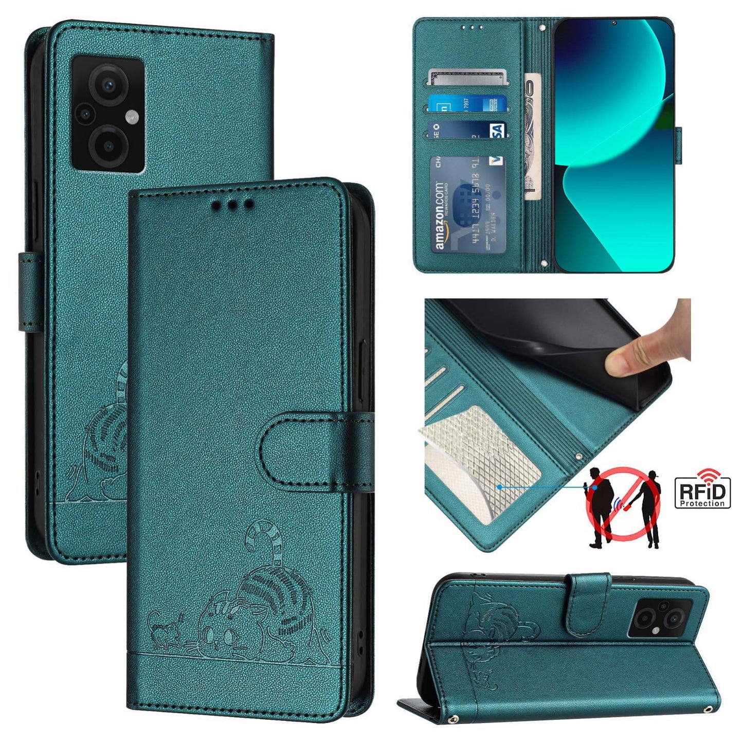 Xiaomi Redmi 11 Prime 5G Cat & Rat Embossed RFID Leather Case, Lanyard, Wallet, Card Slots, Kickstand, Anti-Fall, Scratch-Resistant