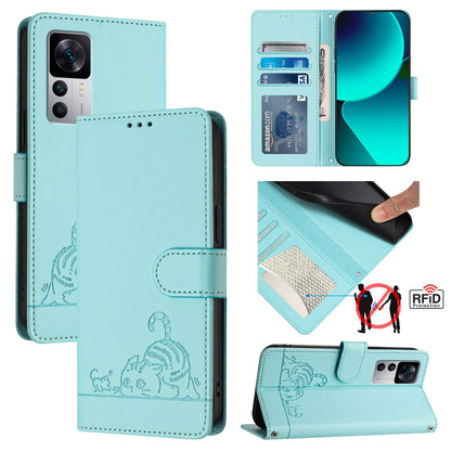 Xiaomi Redmi K50 Ultra Cat & Rat Embossed RFID Leather Case, Lanyard, Wallet, Card Slots, Kickstand, Anti-Fall, Scratch-Resistant