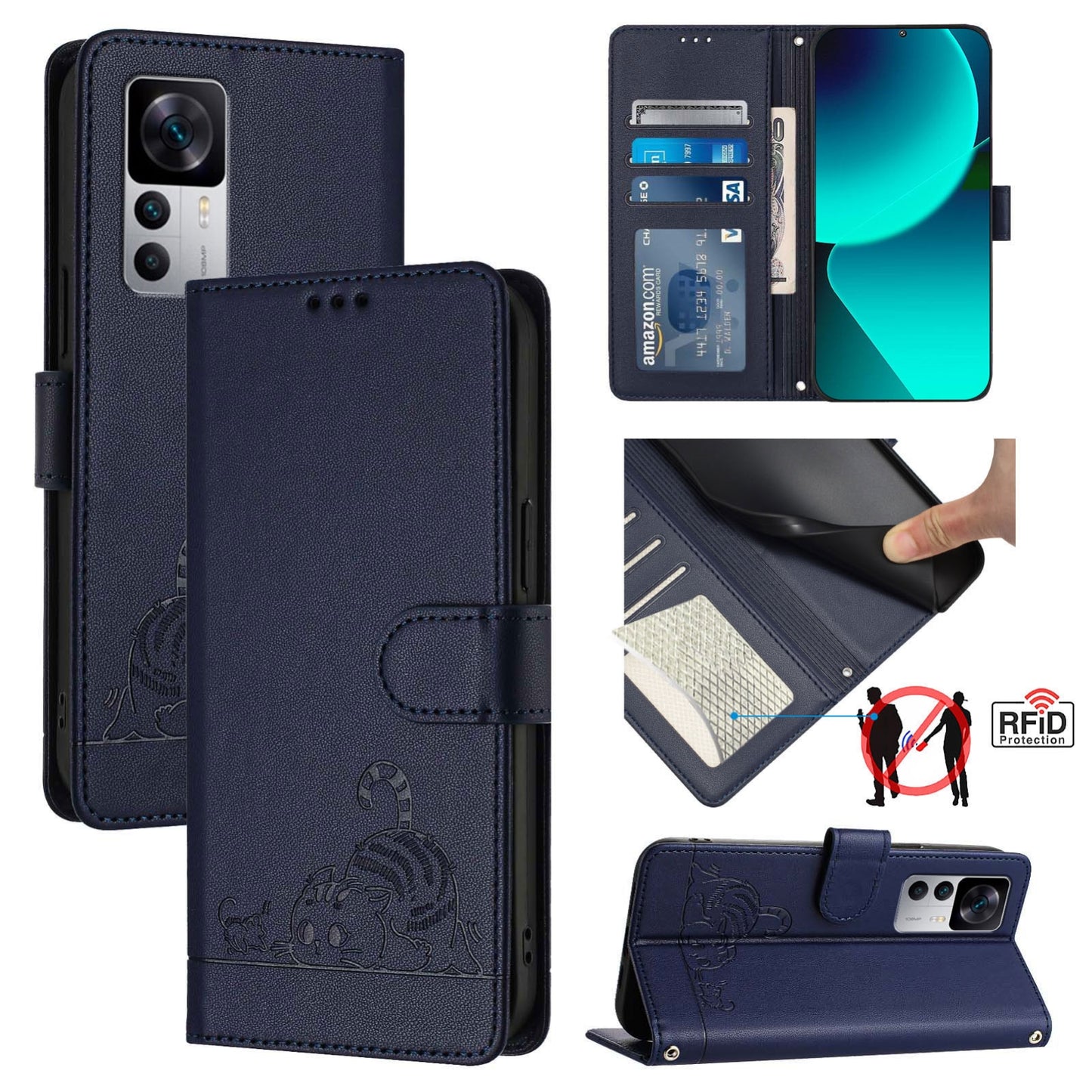 Xiaomi Redmi K50 Ultra Cat & Rat Embossed RFID Leather Case, Lanyard, Wallet, Card Slots, Kickstand, Anti-Fall, Scratch-Resistant
