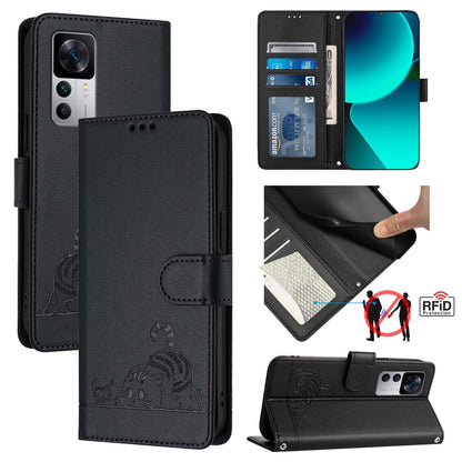 Xiaomi 12T Pro Cat & Rat Embossed RFID Leather Case, Lanyard, Wallet, Card Slots, Kickstand, Anti-Fall, Scratch-Resistant
