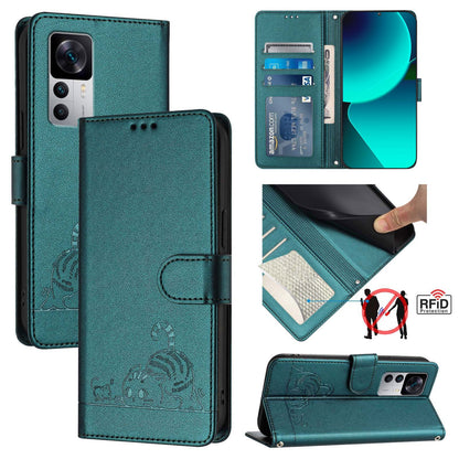 Xiaomi 12T Cat & Rat Embossed RFID Leather Case, Lanyard, Wallet, Card Slots, Kickstand, Anti-Fall, Scratch-Resistant