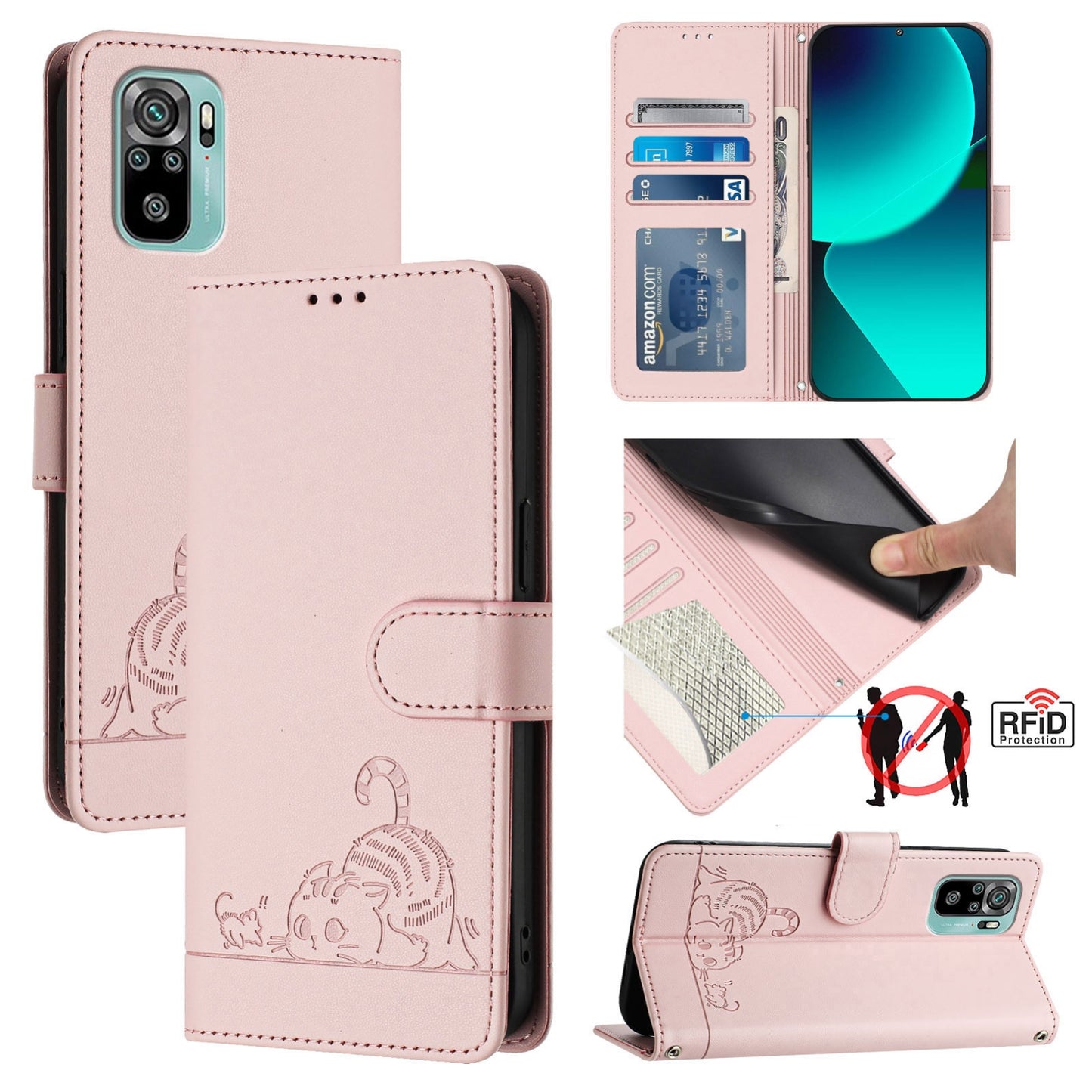 Xiaomi POCO M5S 4G Cat & Rat Embossed RFID Leather Case, Lanyard, Wallet, Card Slots, Kickstand, Anti-Fall, Scratch-Resistant