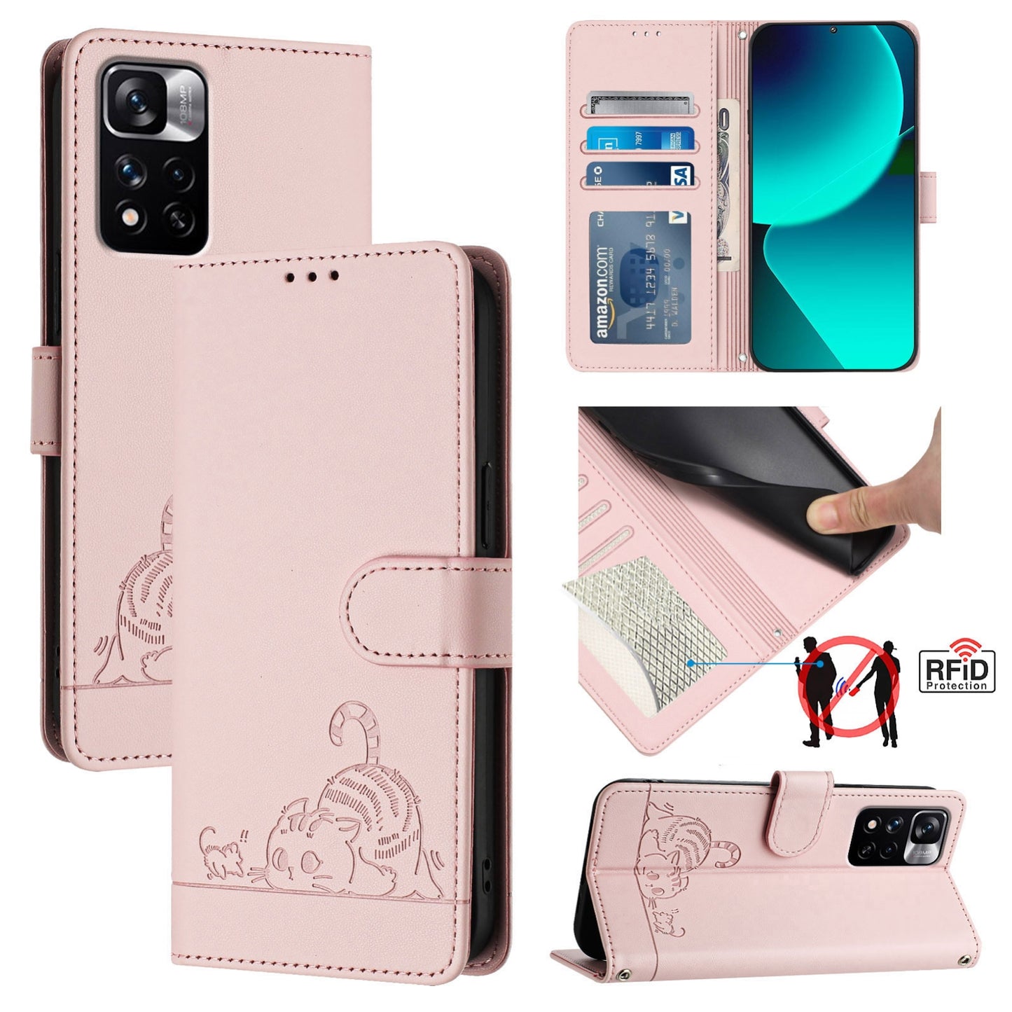 Xiaomi Redmi Note 11 Pro+ 5G Global Cat & Rat Embossed RFID Leather Case, Lanyard, Wallet, Card Slots, Kickstand, Anti-Fall, Scratch-Resistant