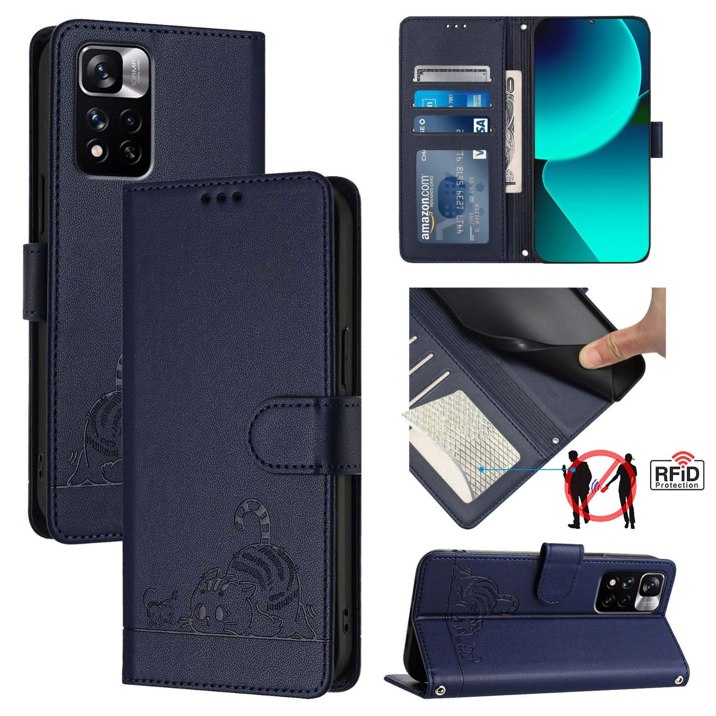 Xiaomi Redmi Note 11 Pro+ 5G Global Cat & Rat Embossed RFID Leather Case, Lanyard, Wallet, Card Slots, Kickstand, Anti-Fall, Scratch-Resistant