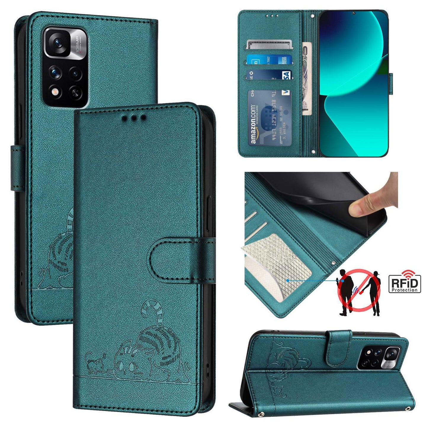Xiaomi POCO X4 NFC 5G Cat & Rat Embossed RFID Leather Case, Lanyard, Wallet, Card Slots, Kickstand, Anti-Fall, Scratch-Resistant