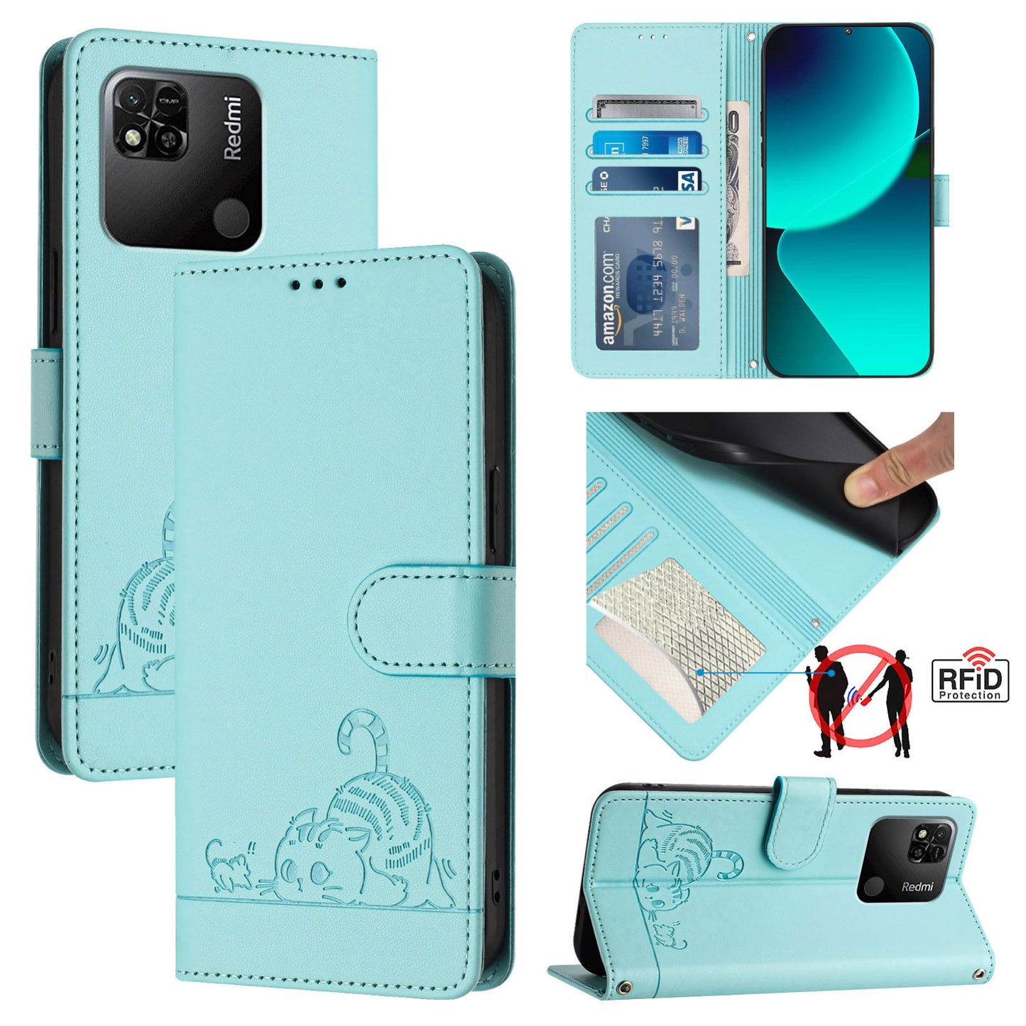 Xiaomi Redmi 10A Cat & Rat Embossed RFID Leather Case, Lanyard, Wallet, Card Slots, Kickstand, Anti-Fall, Scratch-Resistant