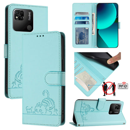 Xiaomi Redmi 10A Cat & Rat Embossed RFID Leather Case, Lanyard, Wallet, Card Slots, Kickstand, Anti-Fall, Scratch-Resistant
