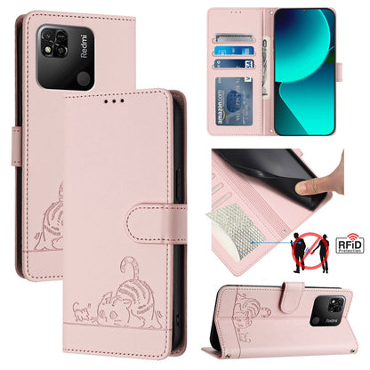 Xiaomi Redmi 10A Cat & Rat Embossed RFID Leather Case, Lanyard, Wallet, Card Slots, Kickstand, Anti-Fall, Scratch-Resistant