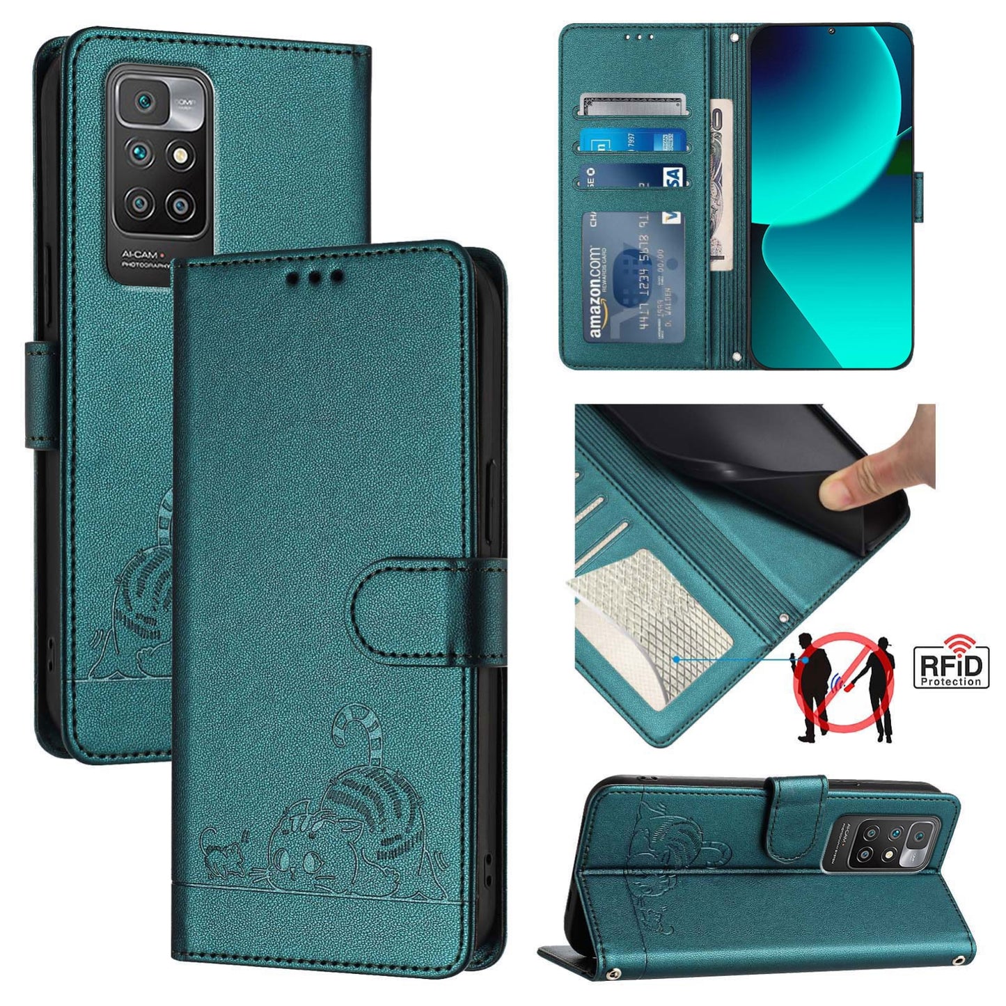 Xiaomi Redmi 10 4G 2021 Global Cat & Rat Embossed RFID Leather Case, Lanyard, Wallet, Card Slots, Kickstand, Anti-Fall, Scratch-Resistant