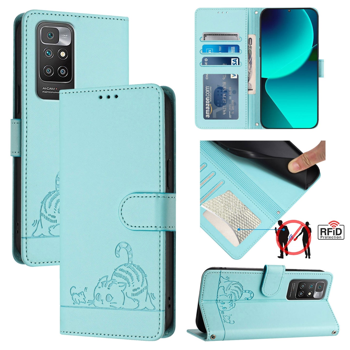 Xiaomi Redmi 10 2022 Global Cat & Rat Embossed RFID Leather Case, Lanyard, Wallet, Card Slots, Kickstand, Anti-Fall, Scratch-Resistant