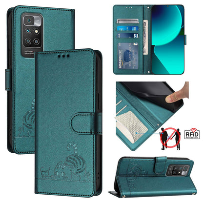 Xiaomi Redmi 10 2022 Global Cat & Rat Embossed RFID Leather Case, Lanyard, Wallet, Card Slots, Kickstand, Anti-Fall, Scratch-Resistant