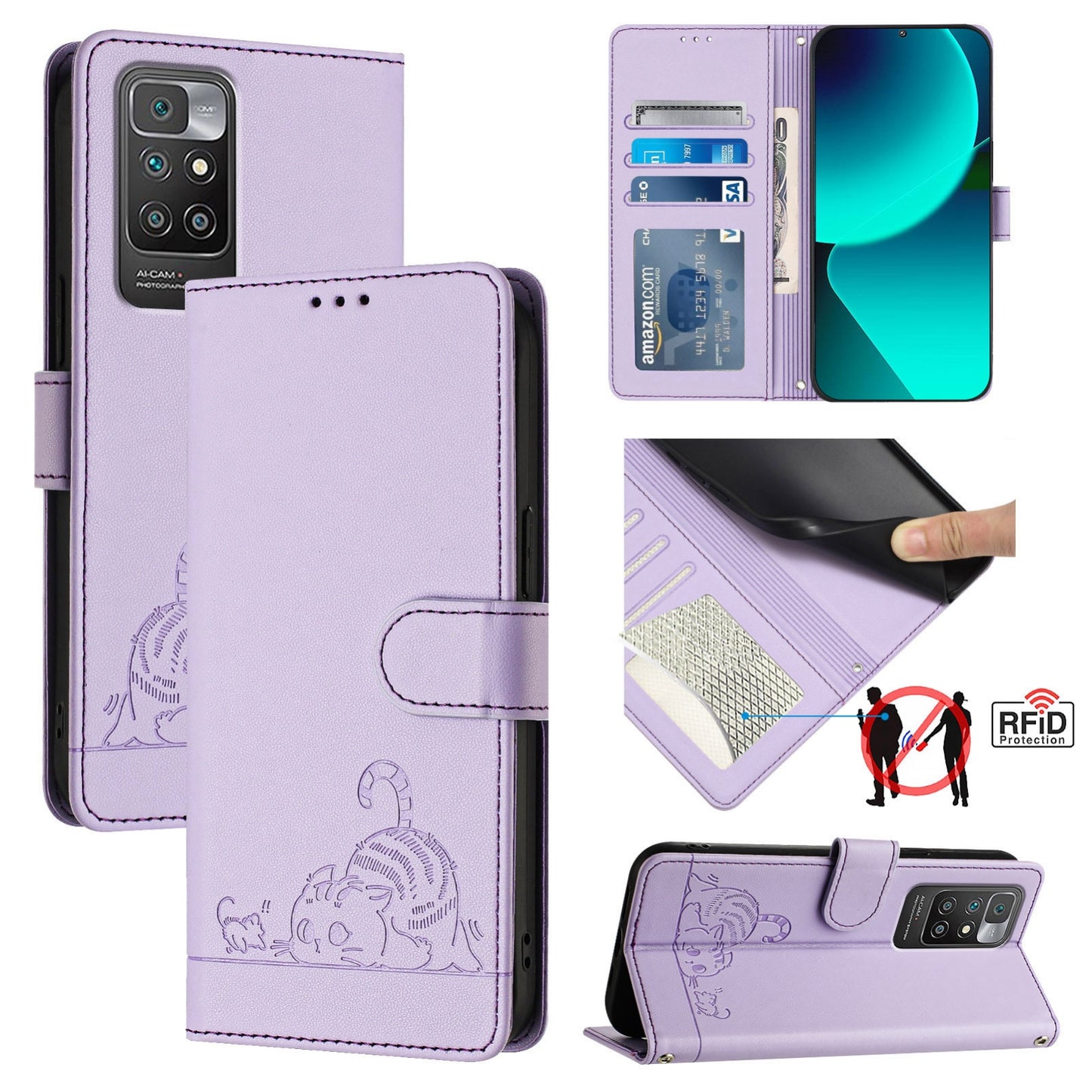 Xiaomi Redmi 10 2022 Global Cat & Rat Embossed RFID Leather Case, Lanyard, Wallet, Card Slots, Kickstand, Anti-Fall, Scratch-Resistant