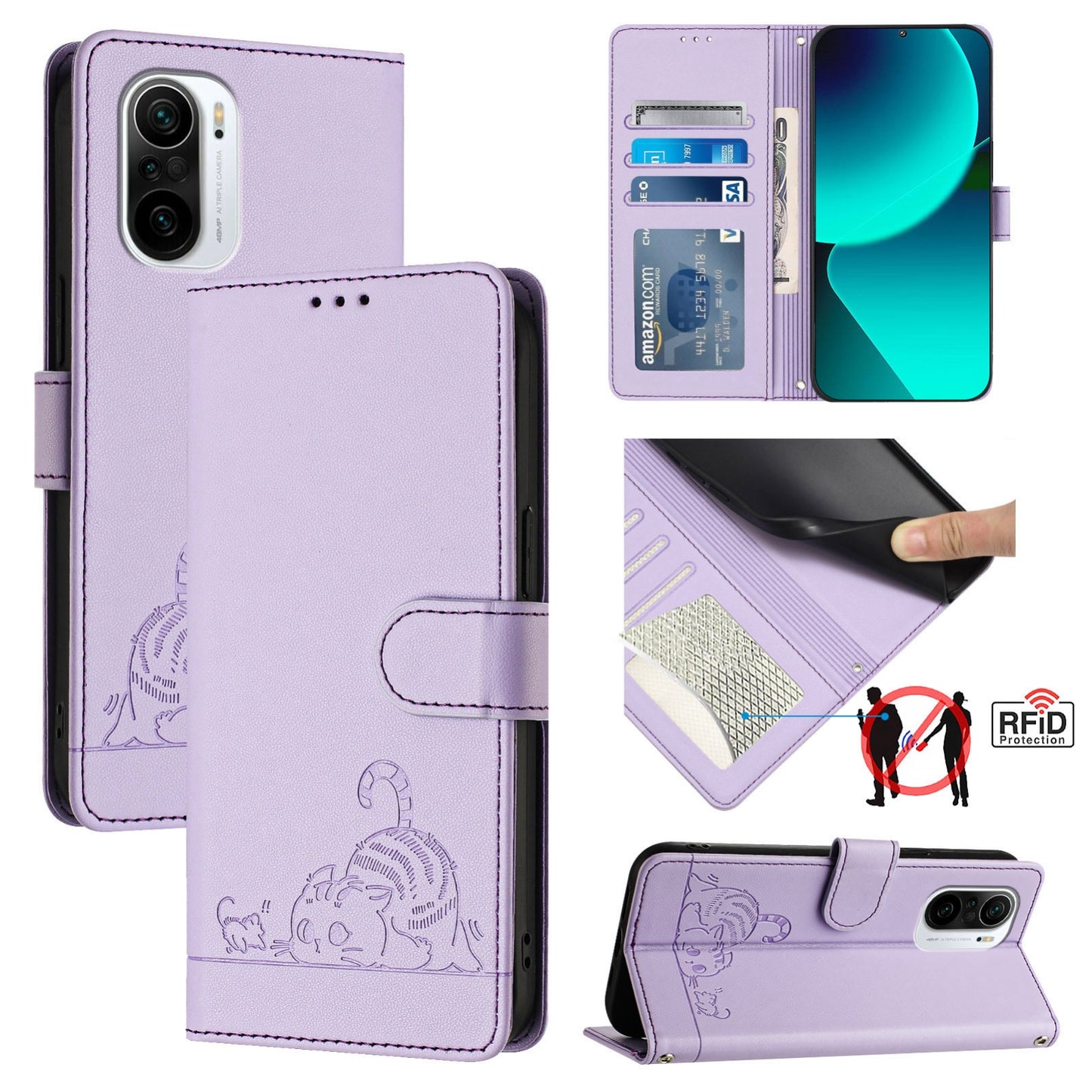 Xiaomi POCO F3 Cat & Rat Embossed RFID Leather Case, Lanyard, Wallet, Card Slots, Kickstand, Anti-Fall, Scratch-Resistant