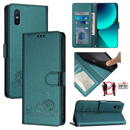 Xiaomi Redmi 9A Cat & Rat Embossed RFID Leather Case, Lanyard, Wallet, Card Slots, Kickstand, Anti-Fall, Scratch-Resistant