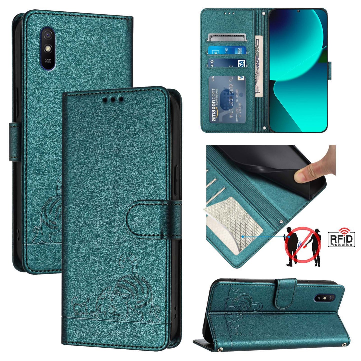 Xiaomi Redmi 9i Cat & Rat Embossed RFID Leather Case, Lanyard, Wallet, Card Slots, Kickstand, Anti-Fall, Scratch-Resistant