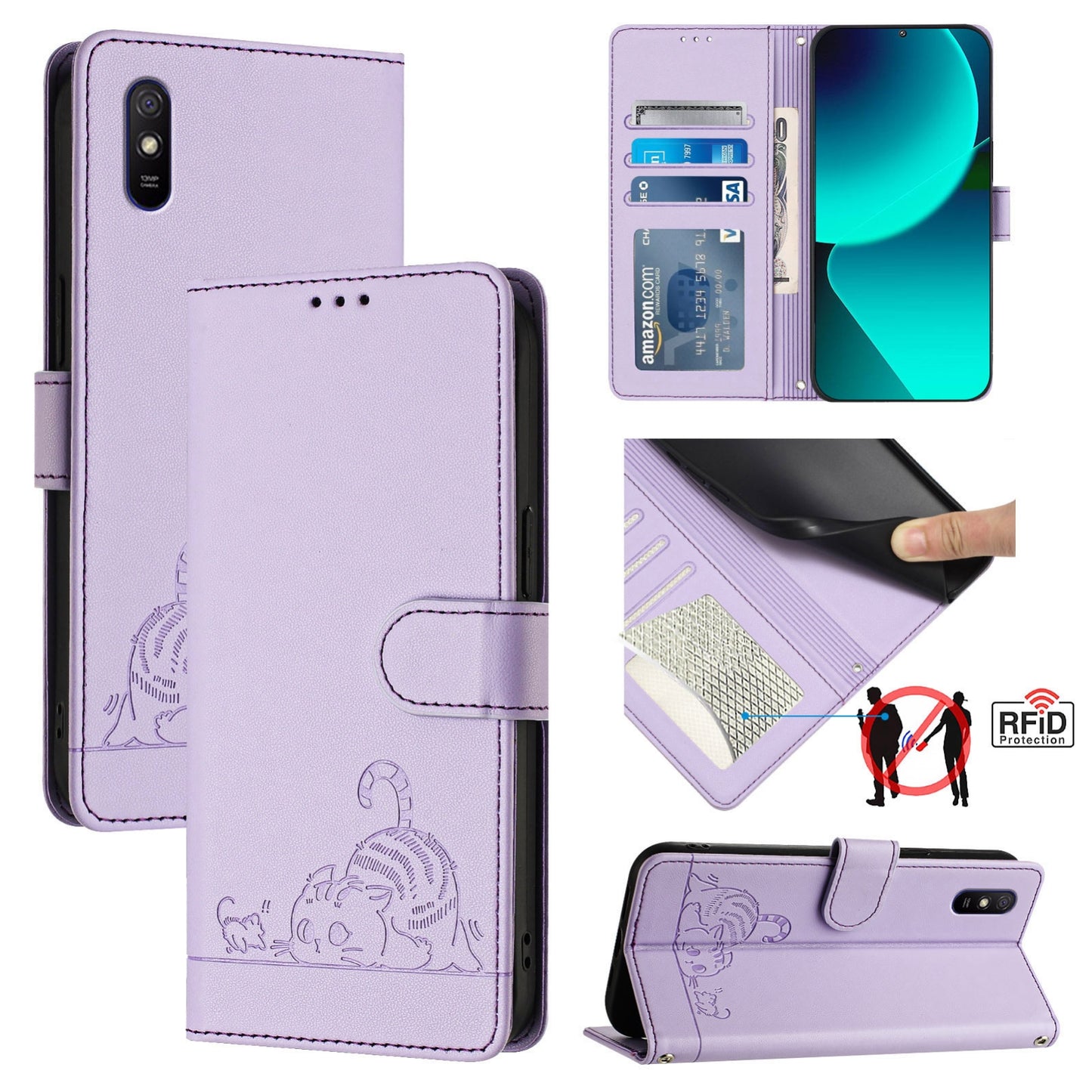 Xiaomi Redmi 9i Cat & Rat Embossed RFID Leather Case, Lanyard, Wallet, Card Slots, Kickstand, Anti-Fall, Scratch-Resistant