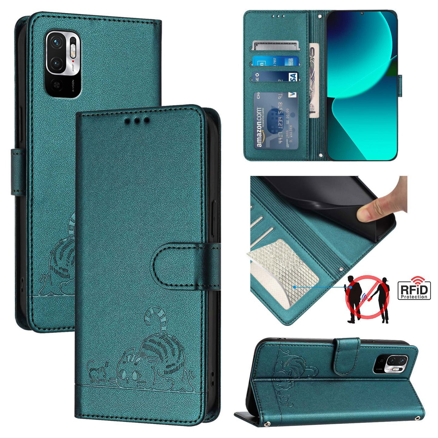 Xiaomi Redmi Note 10 5G Cat & Rat Embossed RFID Leather Case, Lanyard, Wallet, Card Slots, Kickstand, Anti-Fall, Scratch-Resistant