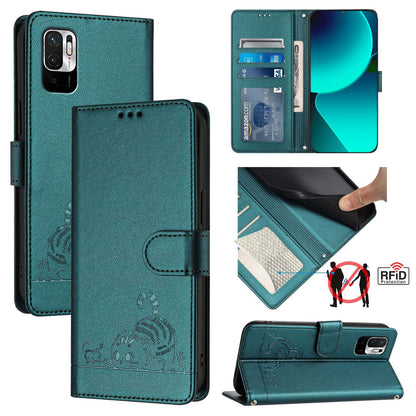 Xiaomi Redmi Note 10T 5G Cat & Rat Embossed RFID Leather Case, Lanyard, Wallet, Card Slots, Kickstand, Anti-Fall, Scratch-Resistant