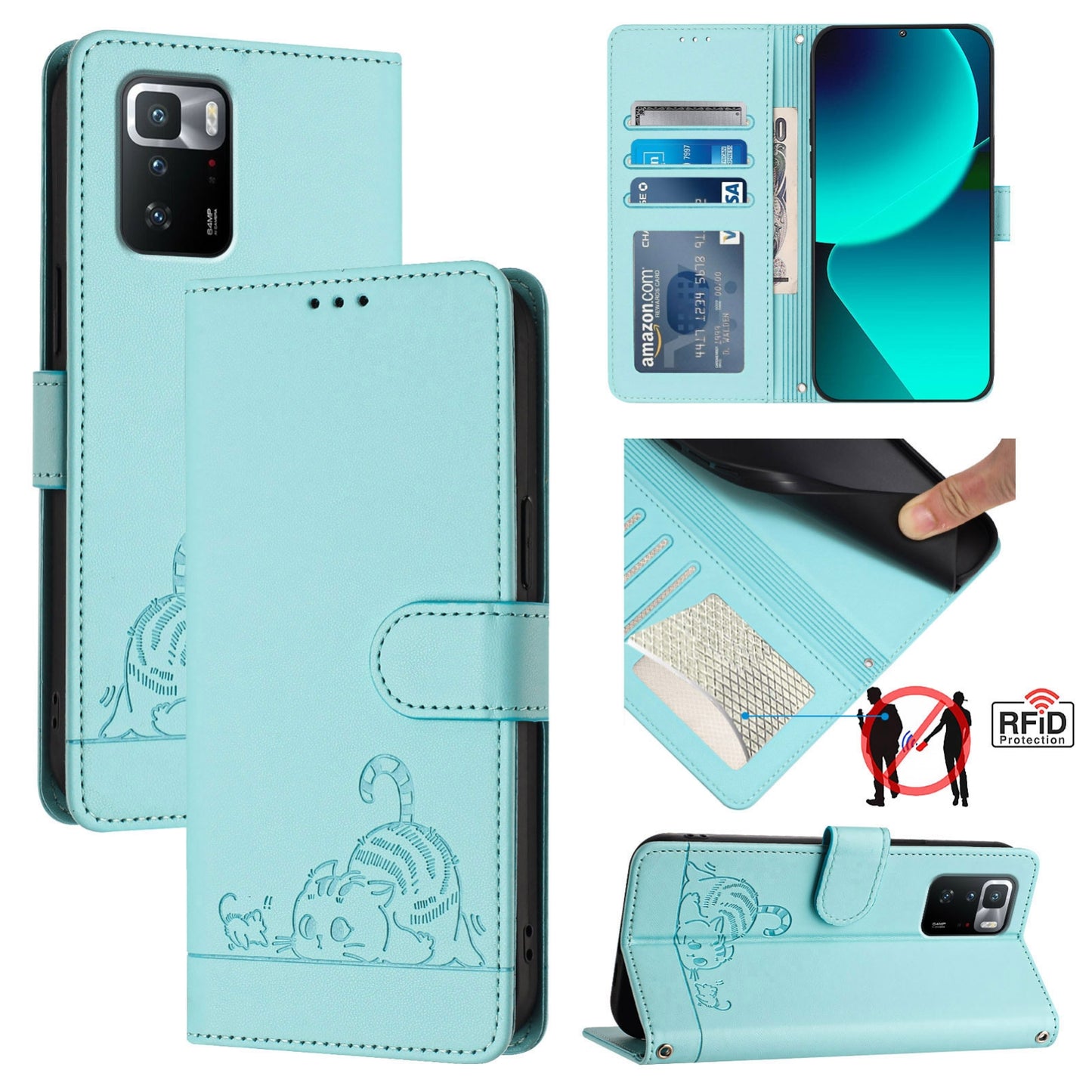 Xiaomi POCO X3 GT Cat & Rat Embossed RFID Leather Case, Lanyard, Wallet, Card Slots, Kickstand, Anti-Fall, Scratch-Resistant