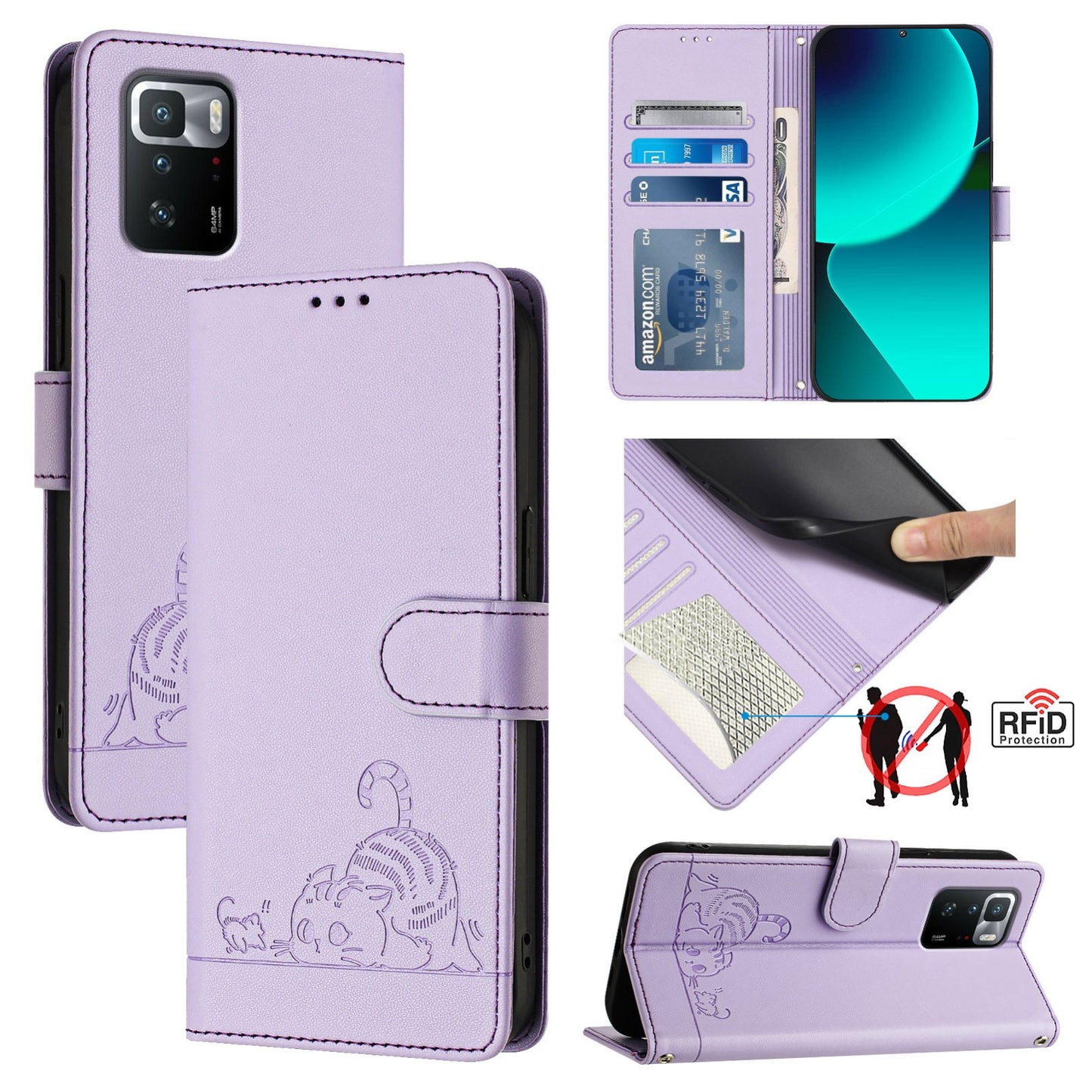 Xiaomi POCO X3 GT Cat & Rat Embossed RFID Leather Case, Lanyard, Wallet, Card Slots, Kickstand, Anti-Fall, Scratch-Resistant