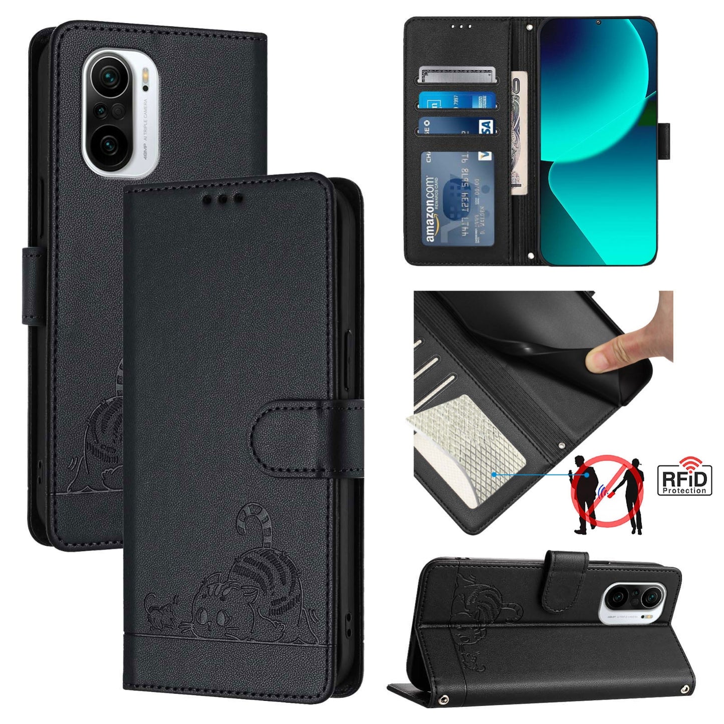 Xiaomi Mi 11X Cat & Rat Embossed RFID Leather Case, Lanyard, Wallet, Card Slots, Kickstand, Anti-Fall, Scratch-Resistant