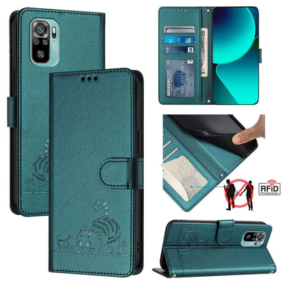 Xiaomi Redmi Note 10s 4G Cat & Rat Embossed RFID Leather Case, Lanyard, Wallet, Card Slots, Kickstand, Anti-Fall, Scratch-Resistant