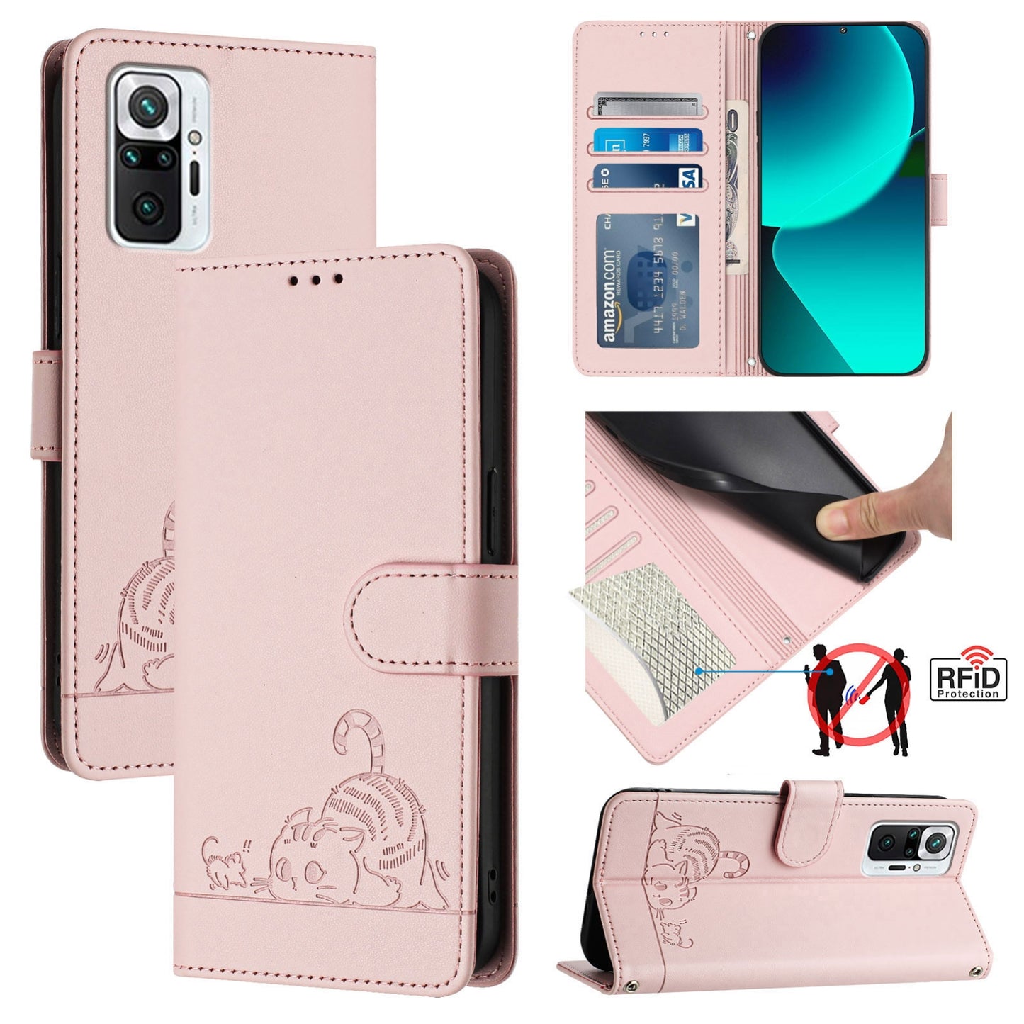 Xiaomi Redmi Note 10 Pro Max Cat & Rat Embossed RFID Leather Case, Lanyard, Wallet, Card Slots, Kickstand, Anti-Fall, Scratch-Resistant