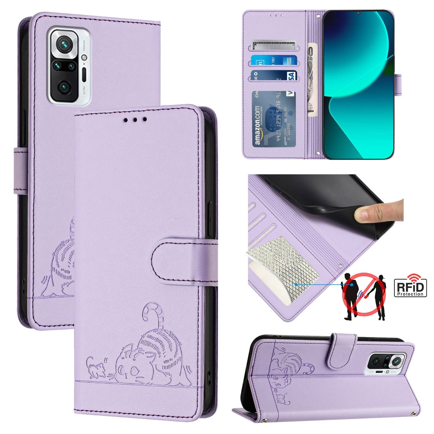Xiaomi Redmi Note 10 Pro Max Cat & Rat Embossed RFID Leather Case, Lanyard, Wallet, Card Slots, Kickstand, Anti-Fall, Scratch-Resistant