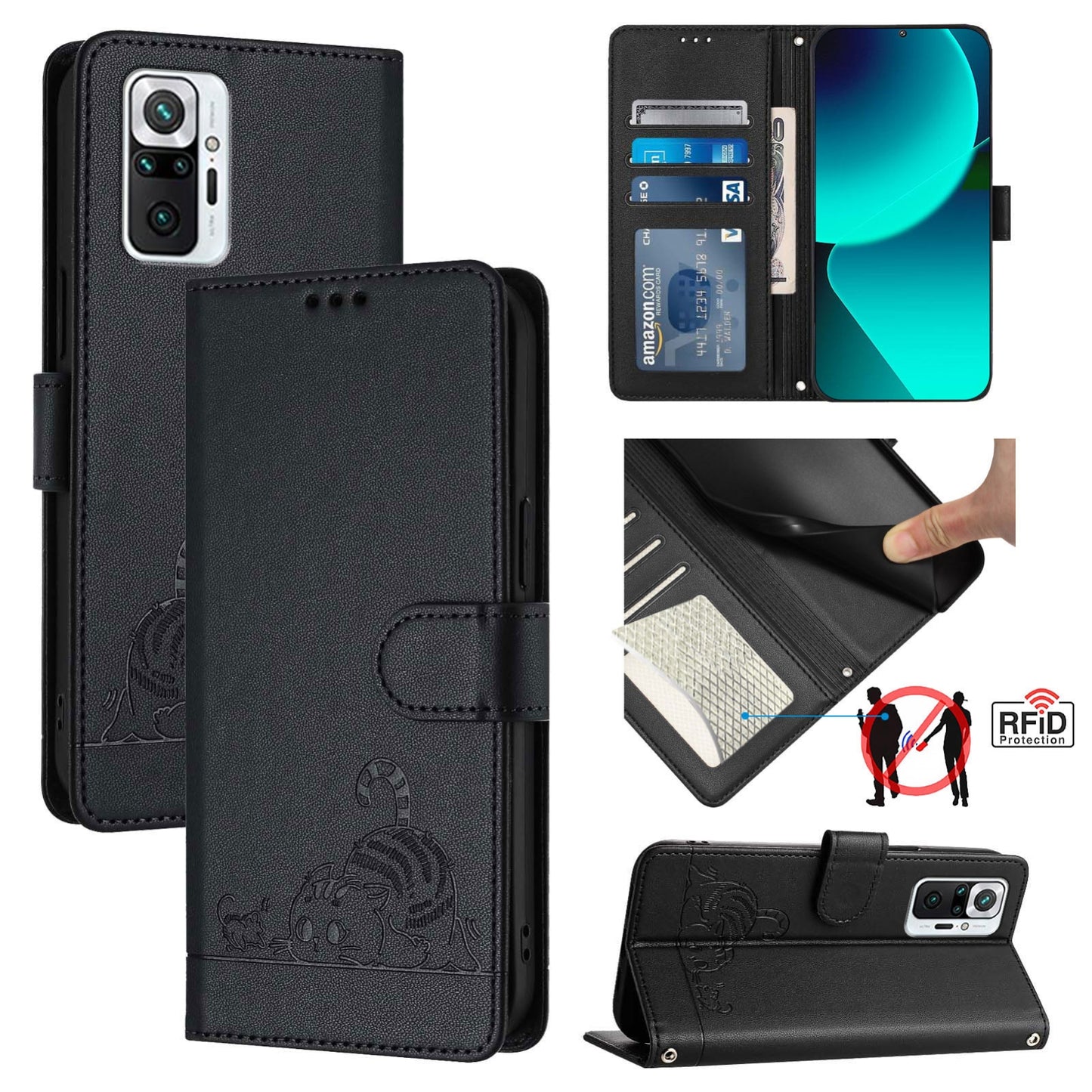Xiaomi Redmi Note 10 Pro India Cat & Rat Embossed RFID Leather Case, Lanyard, Wallet, Card Slots, Kickstand, Anti-Fall, Scratch-Resistant