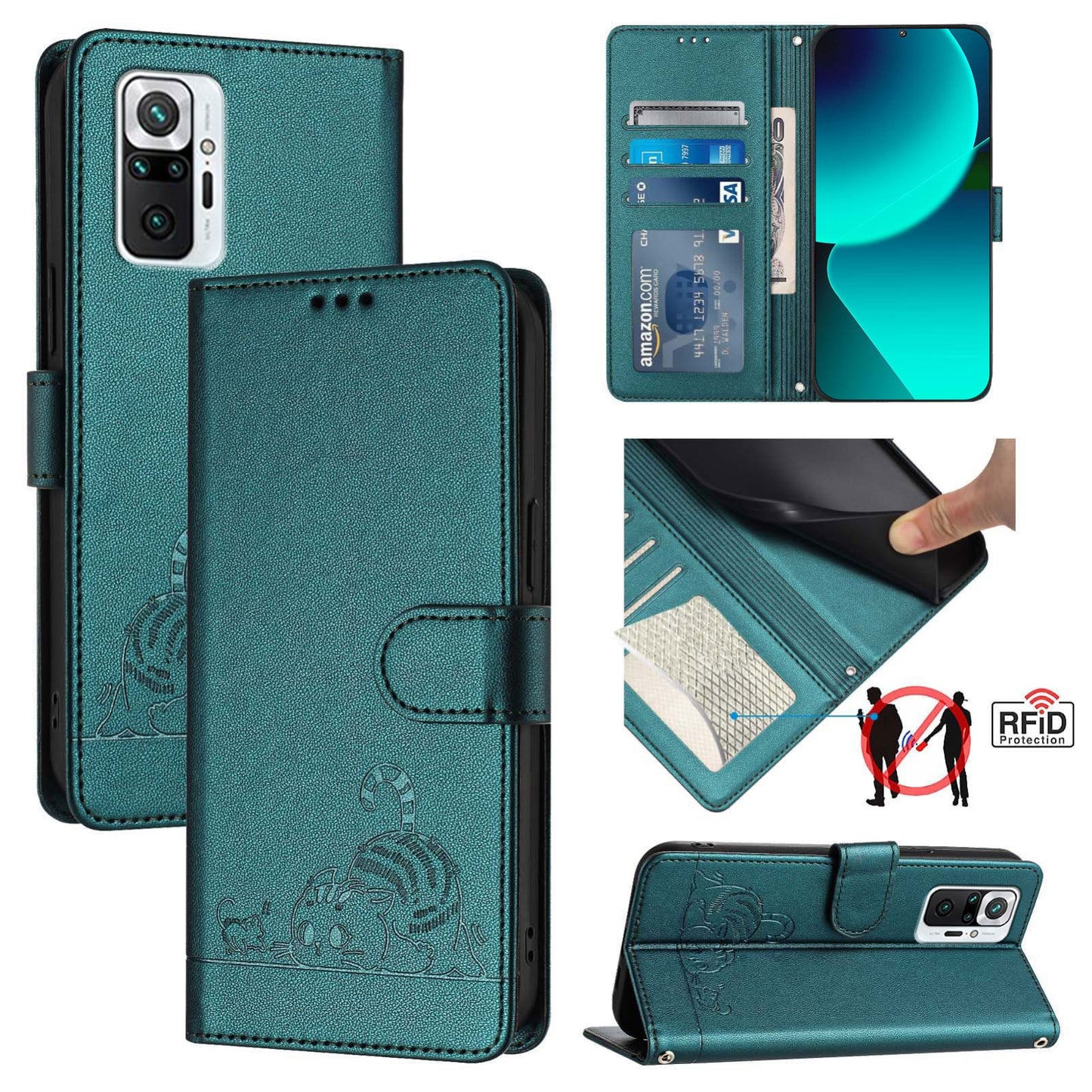 Xiaomi Redmi Note 10 Pro 4G Cat & Rat Embossed RFID Leather Case, Lanyard, Wallet, Card Slots, Kickstand, Anti-Fall, Scratch-Resistant