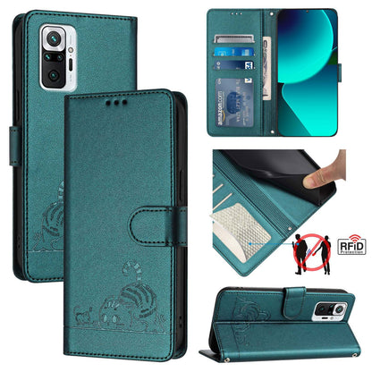 Xiaomi Redmi Note 10 Pro 4G Cat & Rat Embossed RFID Leather Case, Lanyard, Wallet, Card Slots, Kickstand, Anti-Fall, Scratch-Resistant