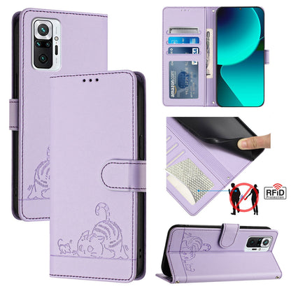 Xiaomi Redmi Note 10 Pro 4G Cat & Rat Embossed RFID Leather Case, Lanyard, Wallet, Card Slots, Kickstand, Anti-Fall, Scratch-Resistant