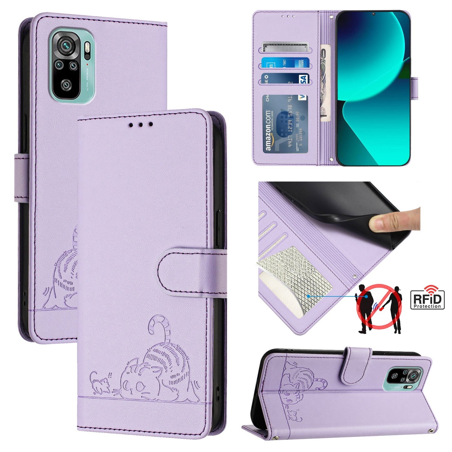 Xiaomi Redmi Note 10 4G Cat & Rat Embossed RFID Leather Case, Lanyard, Wallet, Card Slots, Kickstand, Anti-Fall, Scratch-Resistant