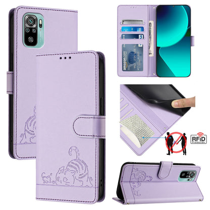 Xiaomi Redmi Note 10 4G Cat & Rat Embossed RFID Leather Case, Lanyard, Wallet, Card Slots, Kickstand, Anti-Fall, Scratch-Resistant