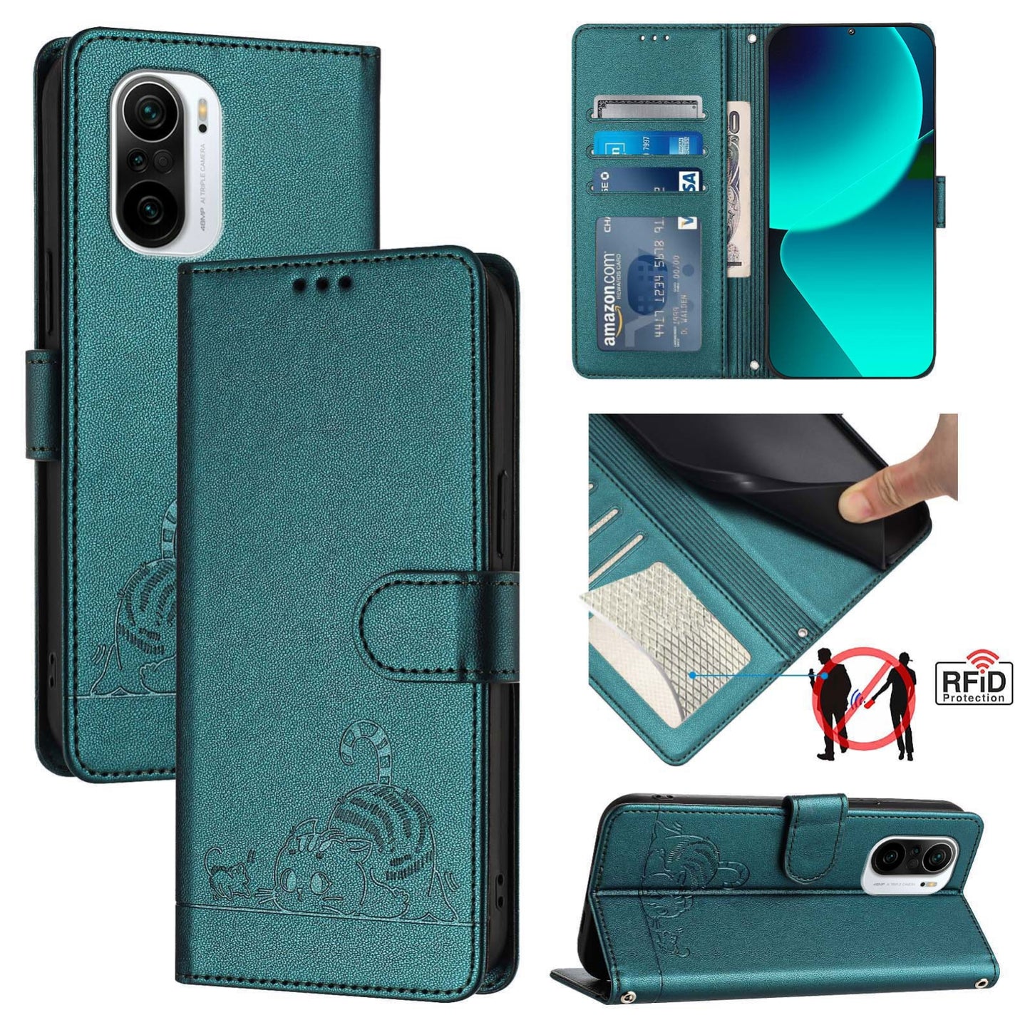 Xiaomi Redmi K40 Cat & Rat Embossed RFID Leather Case, Lanyard, Wallet, Card Slots, Kickstand, Anti-Fall, Scratch-Resistant
