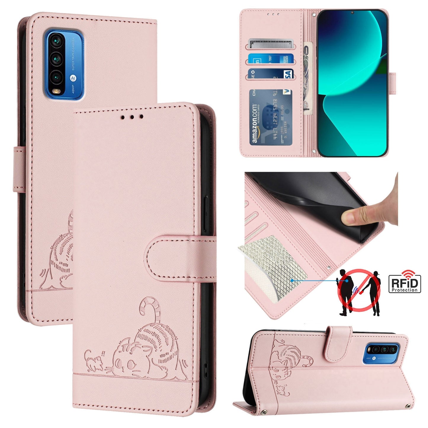 Xiaomi Redmi 9 Power Cat & Rat Embossed RFID Leather Case, Lanyard, Wallet, Card Slots, Kickstand, Anti-Fall, Scratch-Resistant