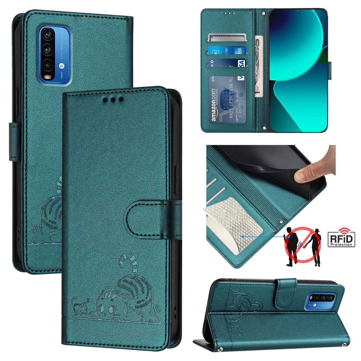 Xiaomi Redmi 9 Power Cat & Rat Embossed RFID Leather Case, Lanyard, Wallet, Card Slots, Kickstand, Anti-Fall, Scratch-Resistant