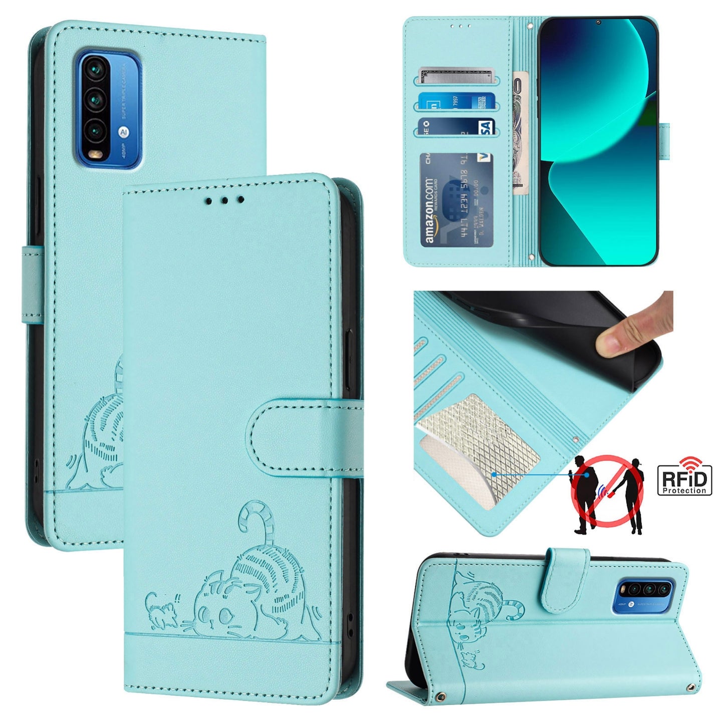Xiaomi Redmi 9T Global Cat & Rat Embossed RFID Leather Case, Lanyard, Wallet, Card Slots, Kickstand, Anti-Fall, Scratch-Resistant