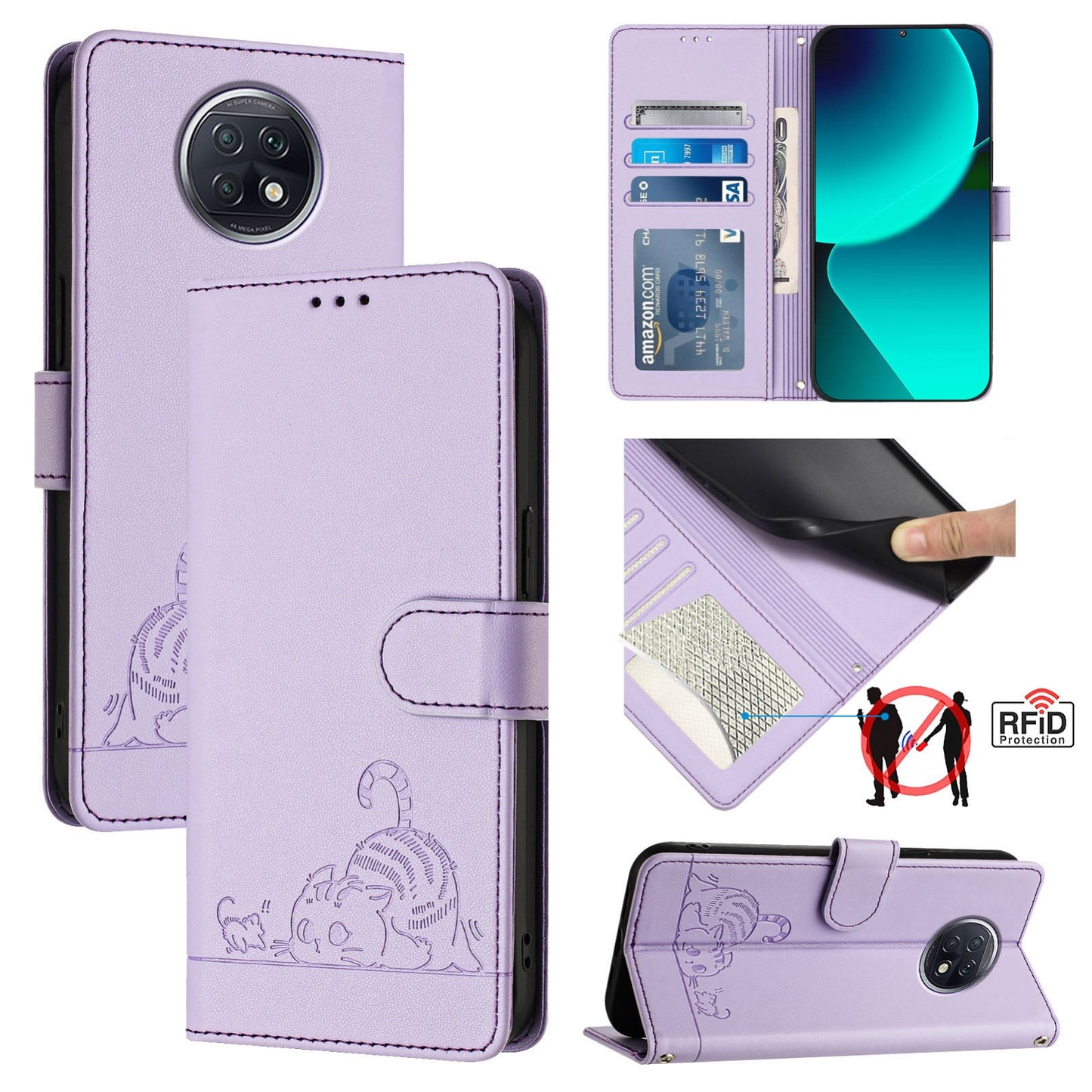 Xiaomi Redmi Note 9T Global Cat & Rat Embossed RFID Leather Case, Lanyard, Wallet, Card Slots, Kickstand, Anti-Fall, Scratch-Resistant