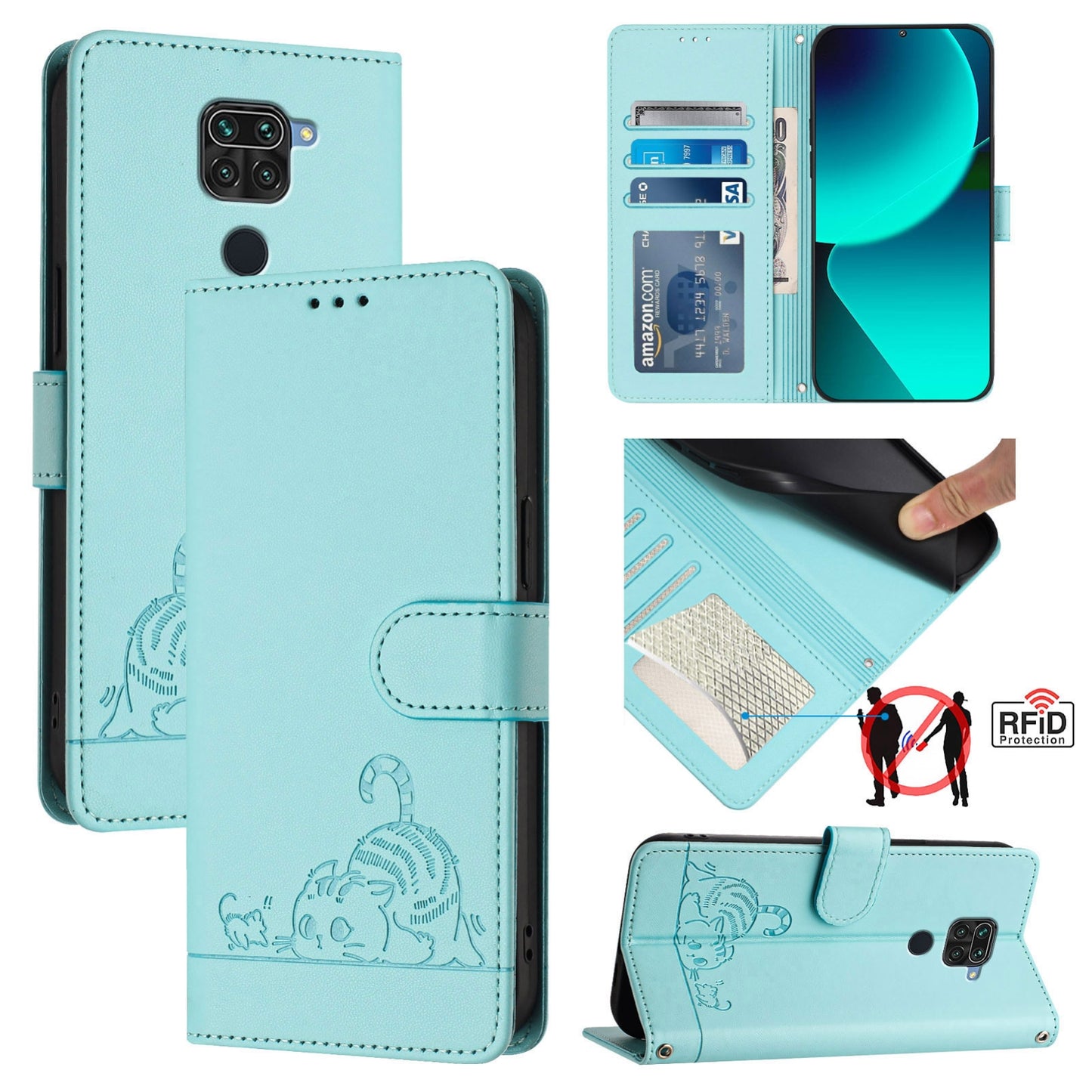 Xiaomi Redmi 10X 4G Cat & Rat Embossed RFID Leather Case, Lanyard, Wallet, Card Slots, Kickstand, Anti-Fall, Scratch-Resistant