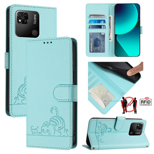 Xiaomi Redmi 9C Cat & Rat Embossed RFID Leather Case, Lanyard, Wallet, Card Slots, Kickstand, Anti-Fall, Scratch-Resistant
