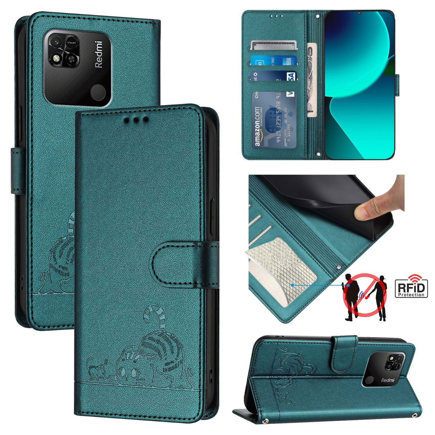 Xiaomi Redmi 9C Cat & Rat Embossed RFID Leather Case, Lanyard, Wallet, Card Slots, Kickstand, Anti-Fall, Scratch-Resistant