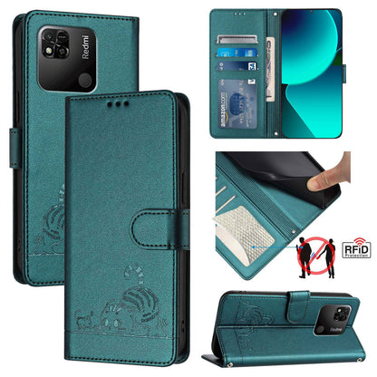 Xiaomi Redmi 9C Cat & Rat Embossed RFID Leather Case, Lanyard, Wallet, Card Slots, Kickstand, Anti-Fall, Scratch-Resistant