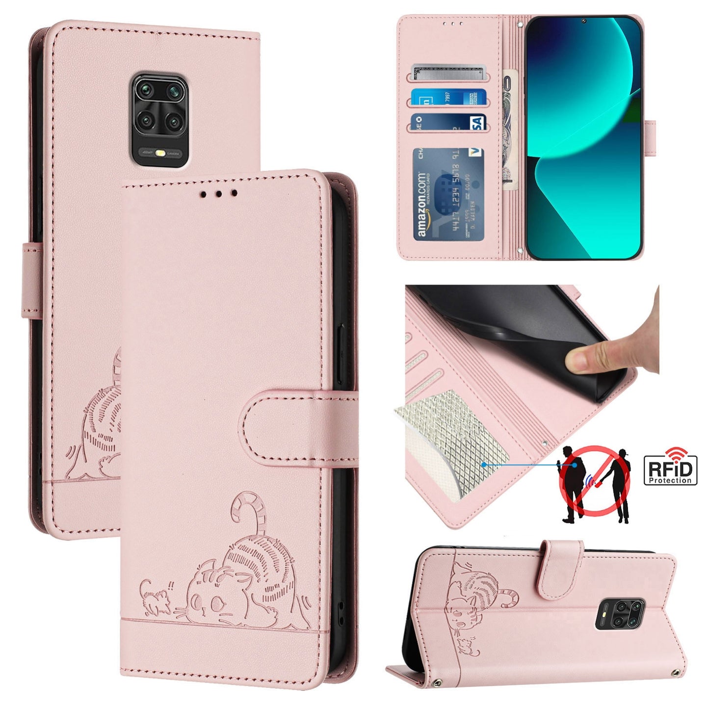 Xiaomi Redmi Note 9 Pro 4G Cat & Rat Embossed RFID Leather Case, Lanyard, Wallet, Card Slots, Kickstand, Anti-Fall, Scratch-Resistant
