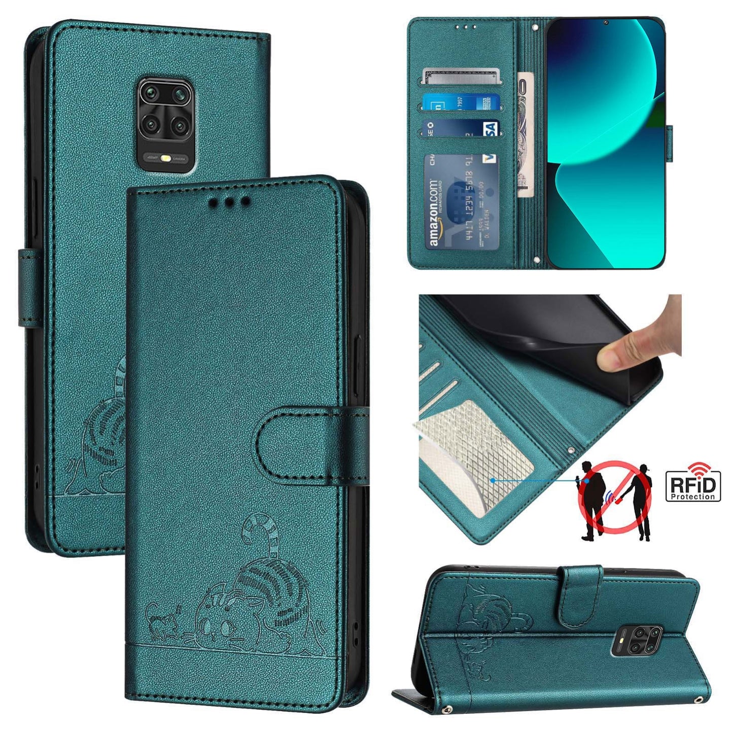 Xiaomi Redmi Note 9 Pro 4G Cat & Rat Embossed RFID Leather Case, Lanyard, Wallet, Card Slots, Kickstand, Anti-Fall, Scratch-Resistant