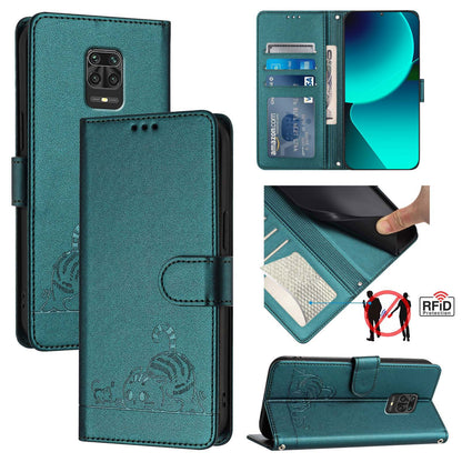 Xiaomi Redmi Note 9 Pro 4G Cat & Rat Embossed RFID Leather Case, Lanyard, Wallet, Card Slots, Kickstand, Anti-Fall, Scratch-Resistant