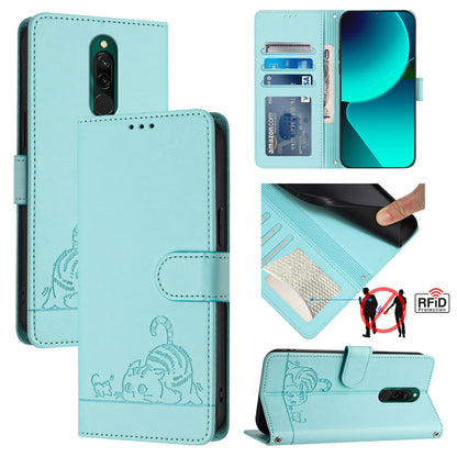 Xiaomi Redmi 8 Cat & Rat Embossed RFID Leather Case, Lanyard, Wallet, Card Slots, Kickstand, Anti-Fall, Scratch-Resistant