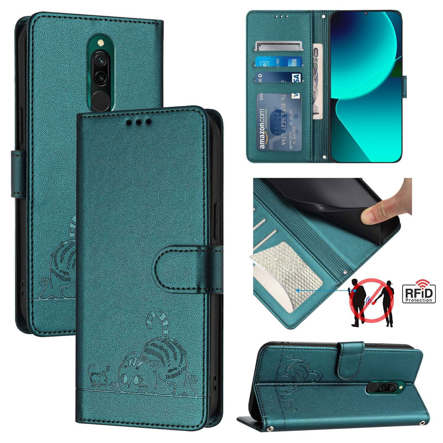Xiaomi Redmi 8 Cat & Rat Embossed RFID Leather Case, Lanyard, Wallet, Card Slots, Kickstand, Anti-Fall, Scratch-Resistant