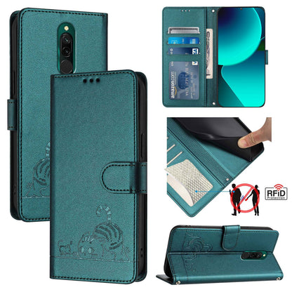 Xiaomi Redmi 8 Cat & Rat Embossed RFID Leather Case, Lanyard, Wallet, Card Slots, Kickstand, Anti-Fall, Scratch-Resistant