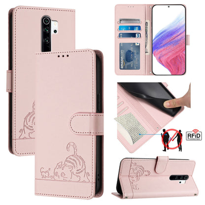 Xiaomi Redmi Note 8 Pro Cat & Rat Embossed RFID Leather Case, Lanyard, Wallet, Card Slots, Kickstand, Anti-Fall, Scratch-Resistant